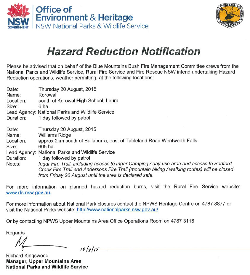 Hazard Reductions 20th August 2015