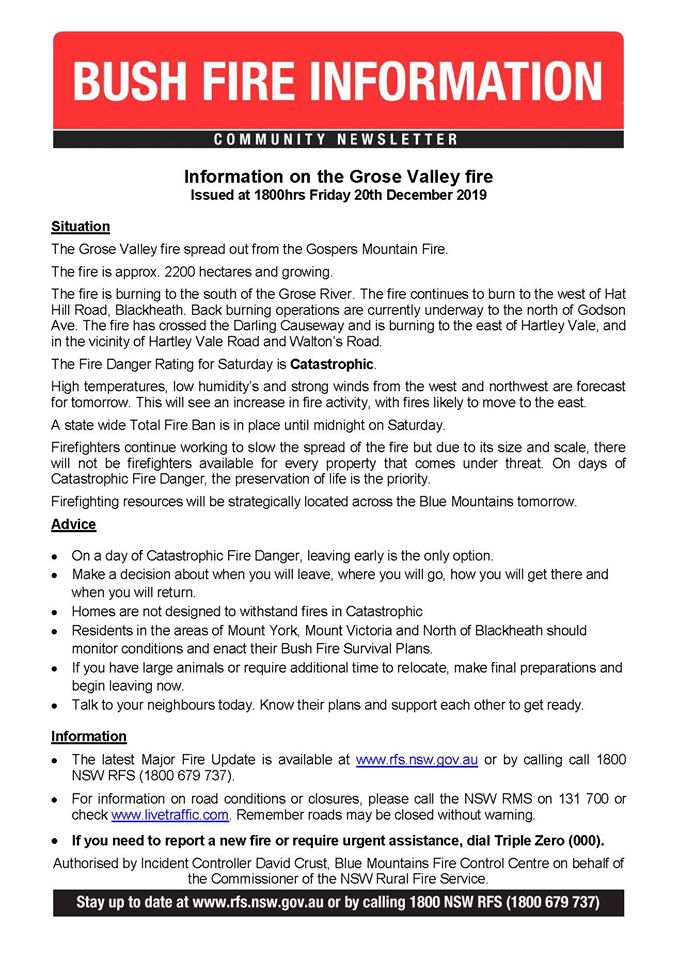 Grose Valley Fire Update 20th December 2019