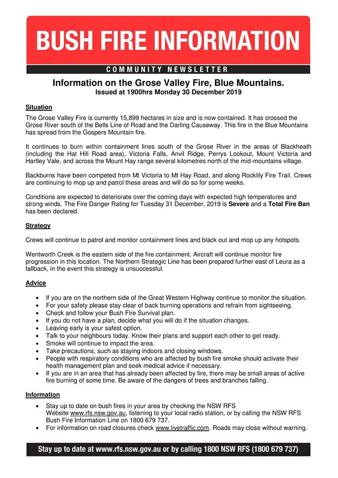 Grose Valley Fire Update 30-12-2019a
