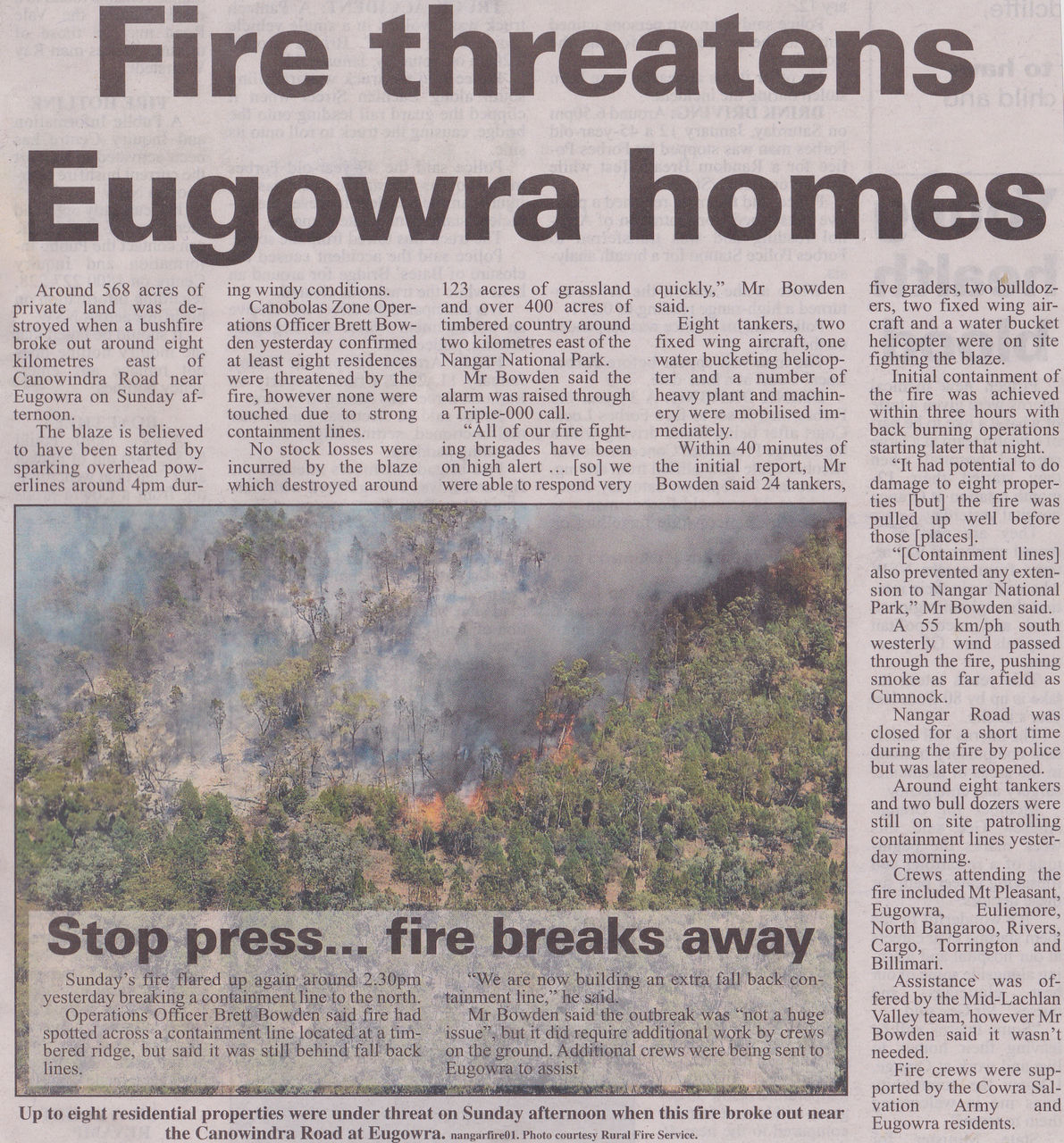 Fire threatens Eugowra homes