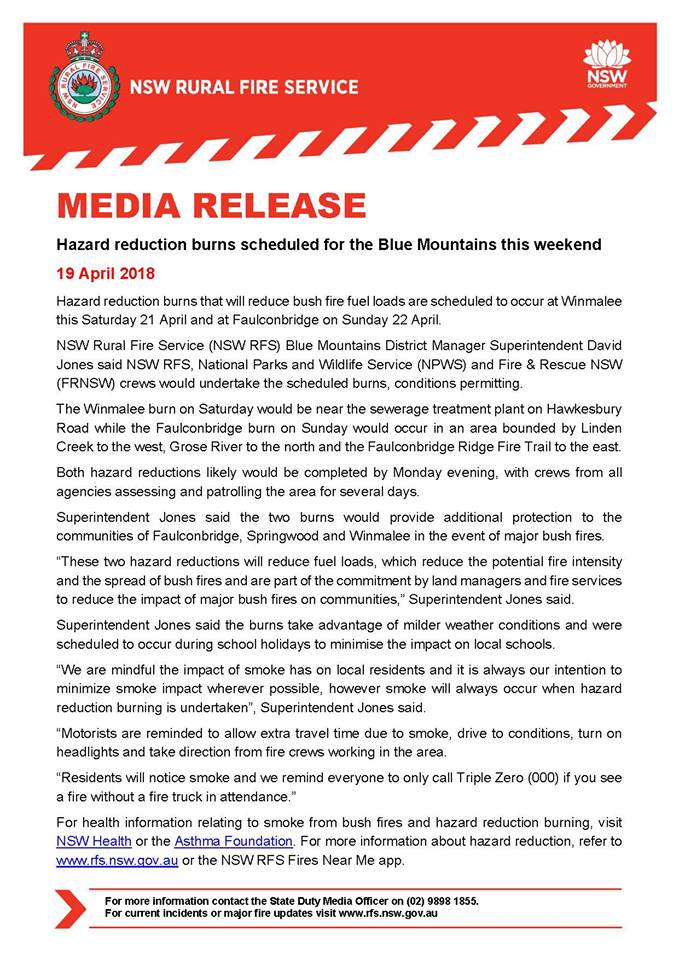 Media Release HR Burns for 21 and 22nd April 