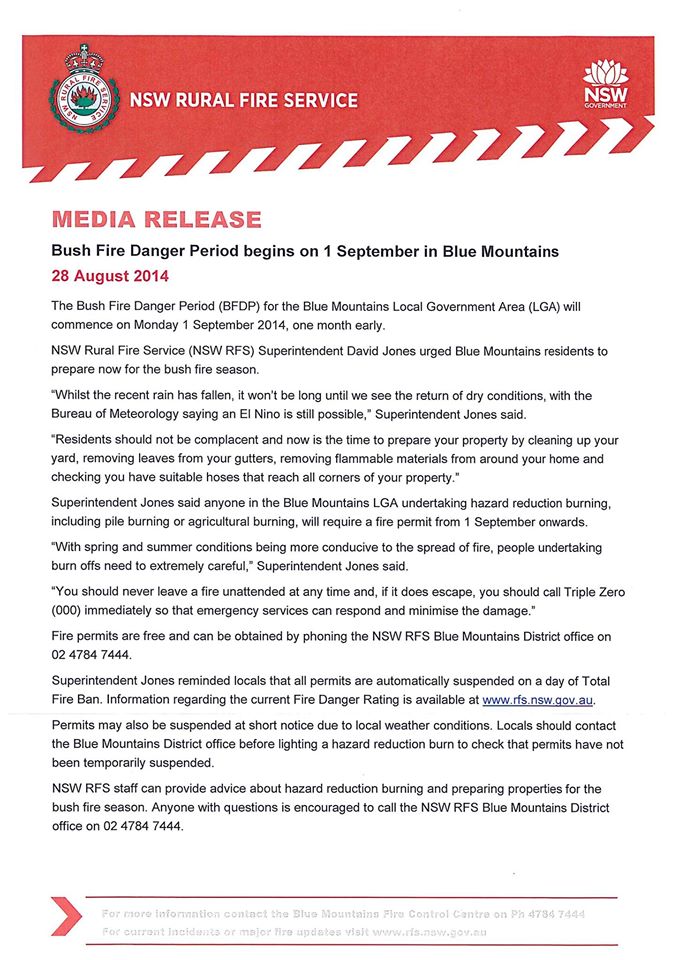 Blue Mountains Bush Fire Danger Period commences 1st September 2014