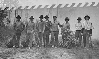 Historical picture of landholders fighting a fire