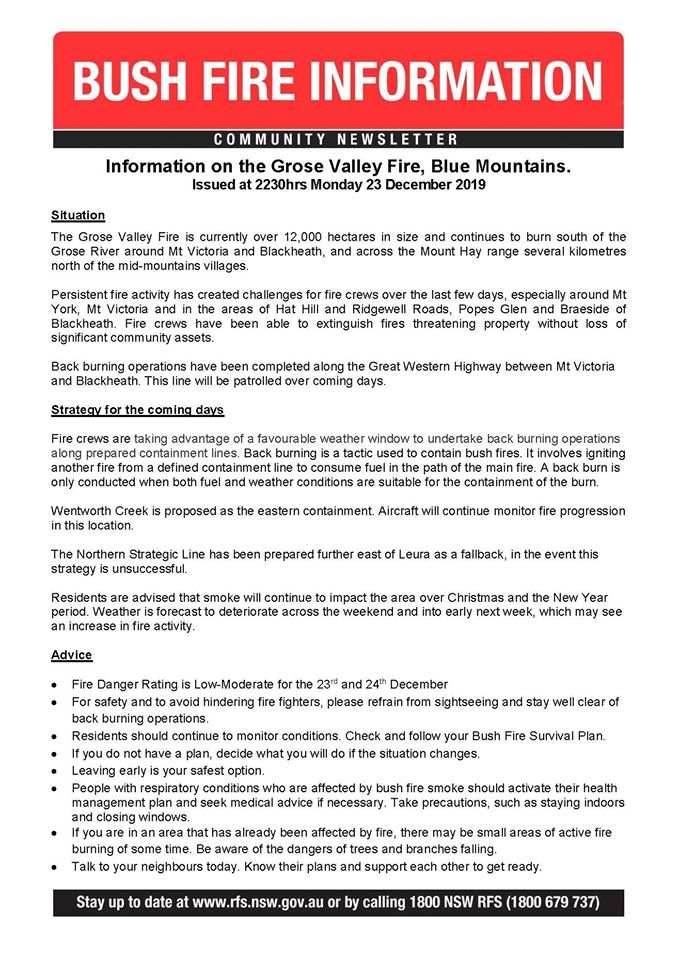 Grose Valley Fire 23rd December update