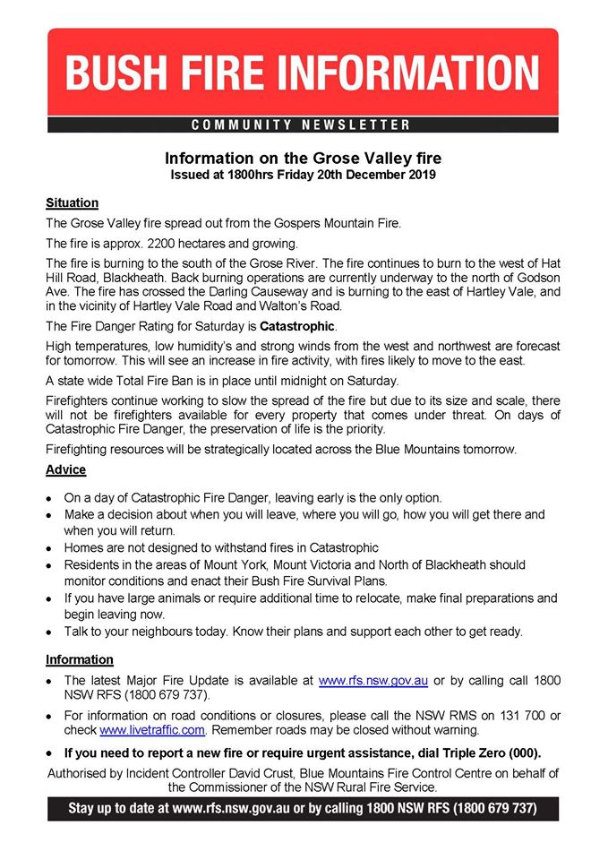 Grose Valley Fire Update 20th December 2019