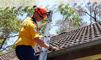 Male RFS volunteer up a ladder that is leaning on a house and clearing gutters