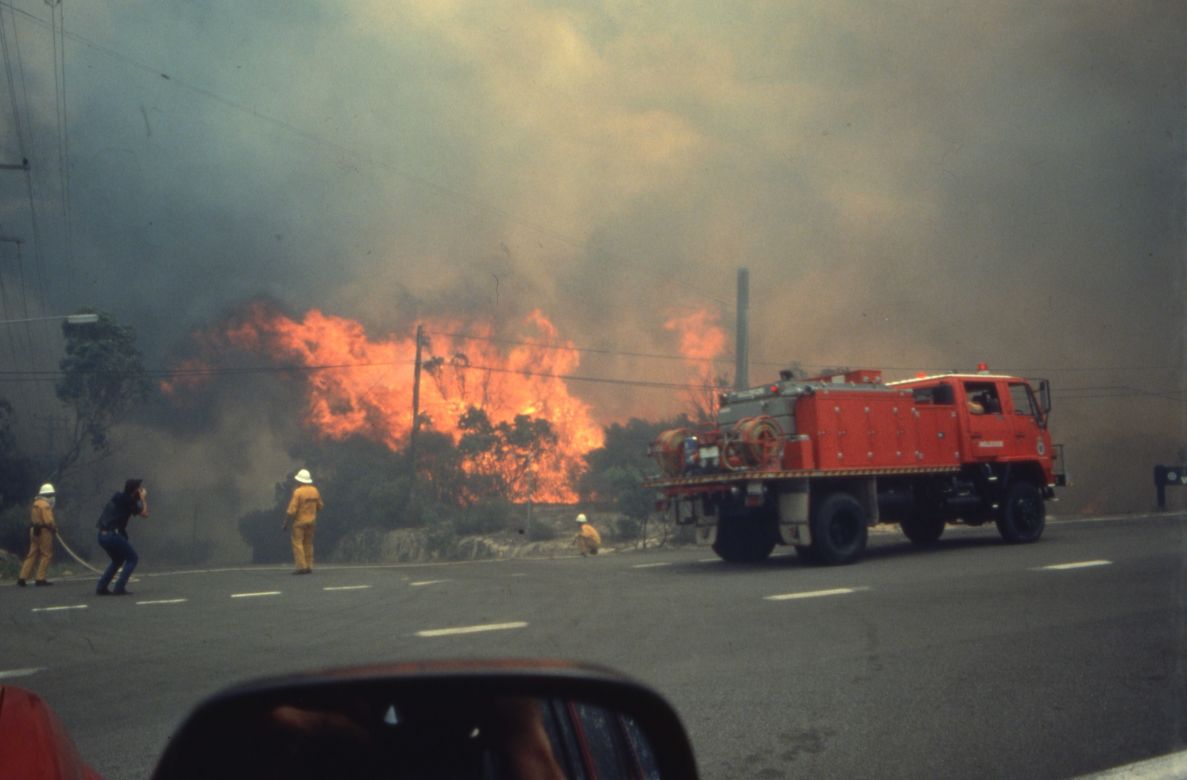 Mona Vale Kimbriki Roads, January 1994 Fire fighters battle a blaze at Kimbriki Road, Mona Vale during the 1994 Sydney fires.