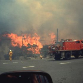 Mona Vale Kimbriki Roads, January 1994 Fire fighters battle a blaze at Kimbriki Road, Mona Vale during the 1994 Sydney fires.