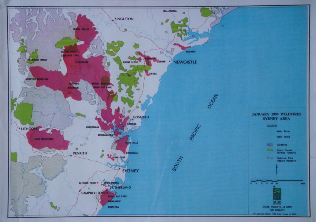 Sydney Fires, 1994 A map of the Sydney basin demonstrating how wide spread the 1994 fires reached.