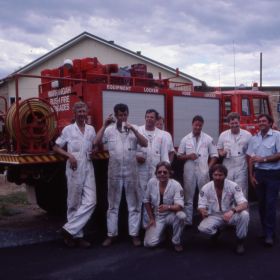 NSW RFS uniform, 1985 Operational Personal Protective Equipment White Overalls and Fire Control Officer Keith Simpson Dress Uniform, 1985.