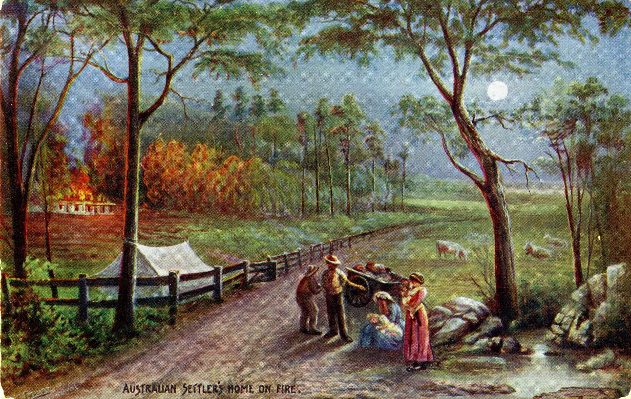 Australian Settlers home on fire, 1908