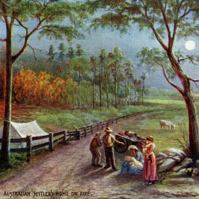 Australian Settlers home on fire, 1908