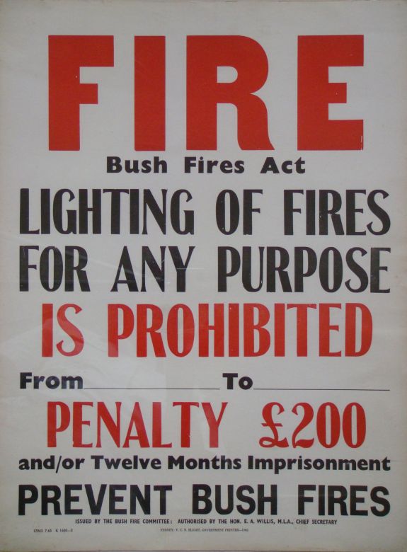 FIRE, 1965 FIRE. Bush Fires Act. Lighting of fires for any purpose is prohibited from _ to _. Penalty £200 and / or 12 months imprisonment. 1965